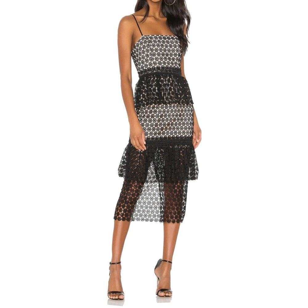 NBD Dolores Black Crochet Lace Tiered Midi Dress โข Feminine Boho โข Size XS